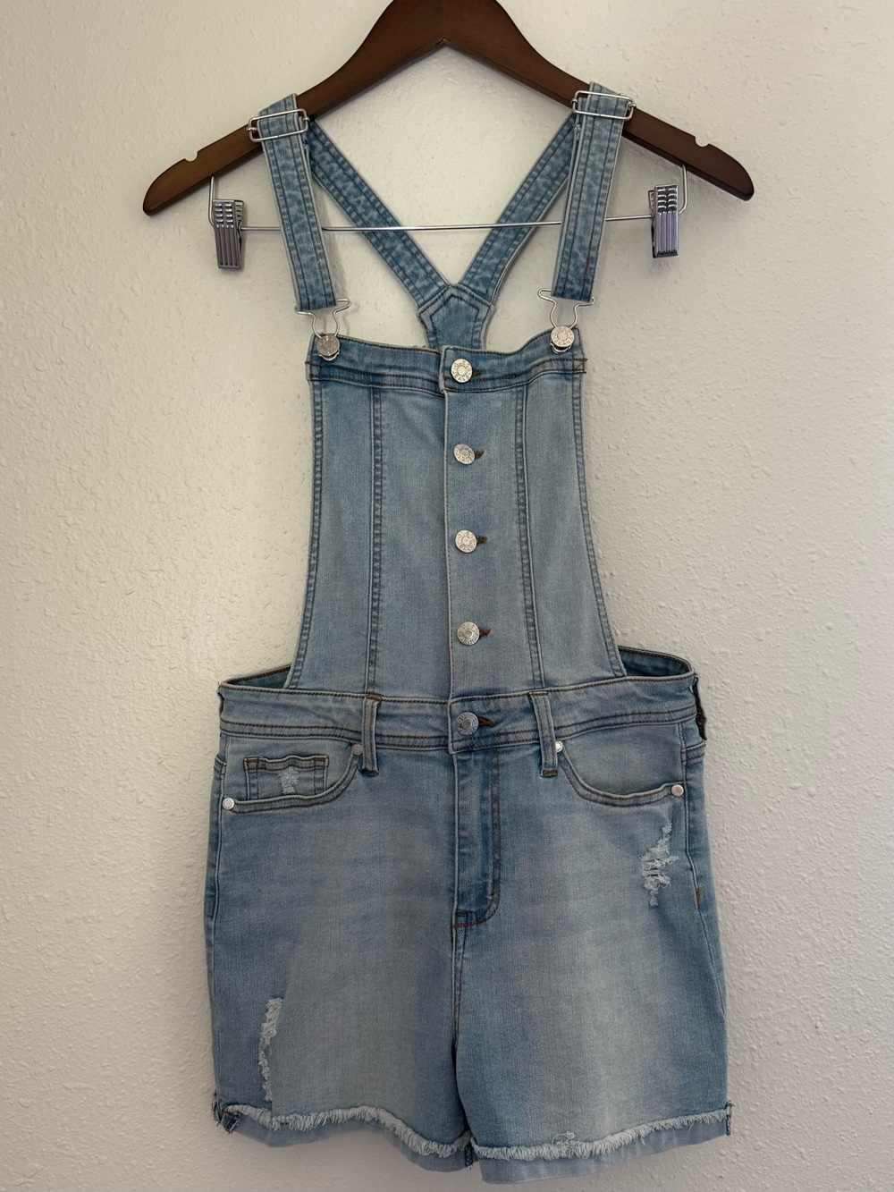Guess Light Wash Denim Short Overalls Distressed Button Front Women’s 28